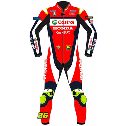 2025 Joan Mir Honda Castrol MotoGP leather race suit in red, white, and navy with CE Level 2 armor, front view