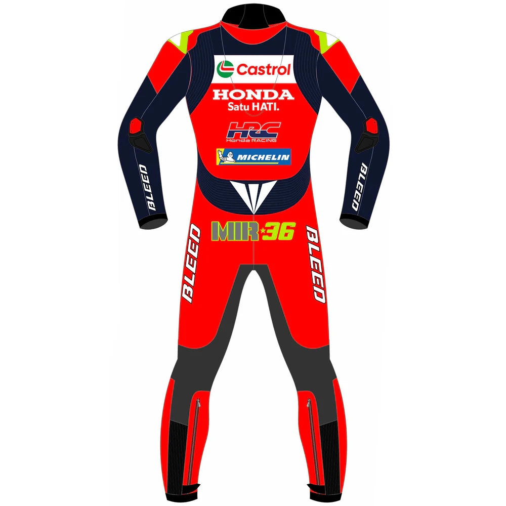 2025 Joan Mir Honda Castrol MotoGP leather race suit in red, white, and navy with CE Level 2 armor, front view