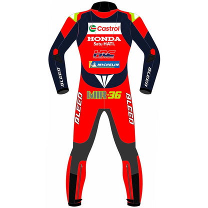 2025 Joan Mir Honda Castrol MotoGP leather race suit in red, white, and navy with CE Level 2 armor, front view