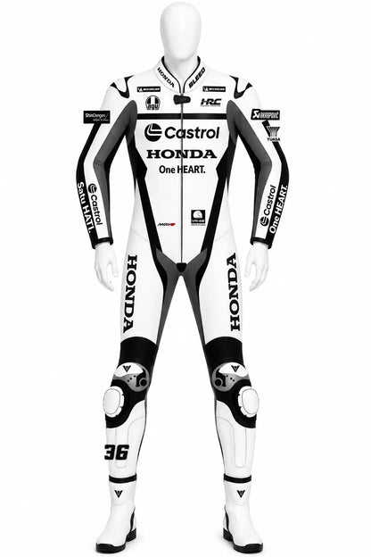 2025 Joan Mir Honda Castrol Winter Test MotoGP leather race suit in white and dark charcoal with CE Level 2 armor, front view