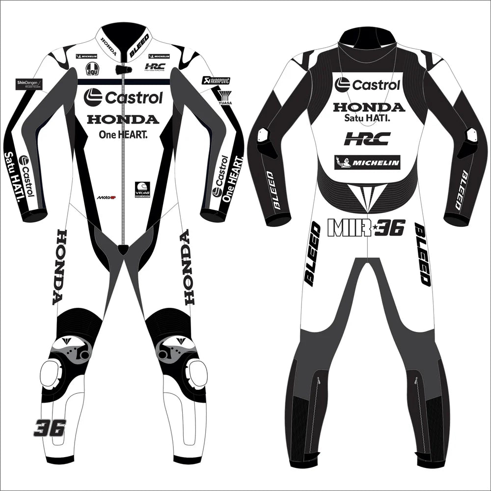 2025 Joan Mir Honda Castrol Winter Test MotoGP leather race suit in white and dark charcoal with CE Level 2 armor, front view