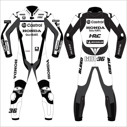 2025 Joan Mir Honda Castrol Winter Test MotoGP leather race suit in white and dark charcoal with CE Level 2 armor, front view