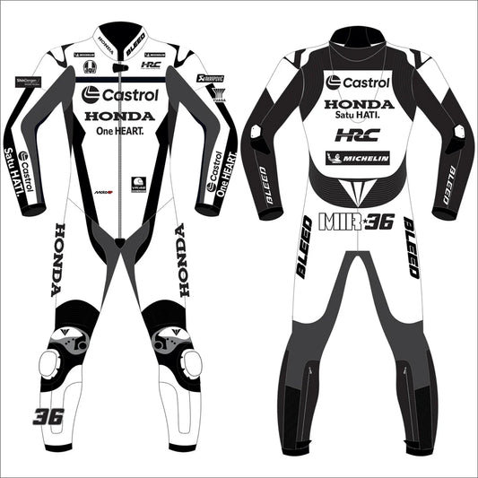 2025 Joan Mir Honda Castrol Winter Test MotoGP leather race suit in white and dark charcoal with CE Level 2 armor, front view