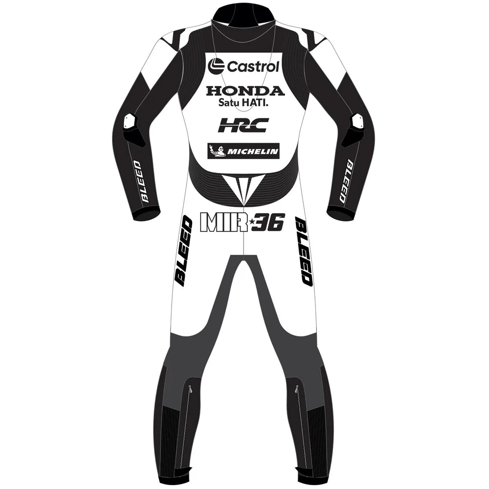 2025 Joan Mir Honda Castrol Winter Test MotoGP leather race suit in white and dark charcoal with CE Level 2 armor, front view