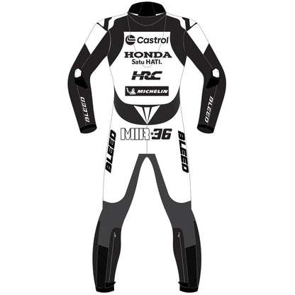 2025 Joan Mir Honda Castrol Winter Test MotoGP leather race suit in white and dark charcoal with CE Level 2 armor, front view
