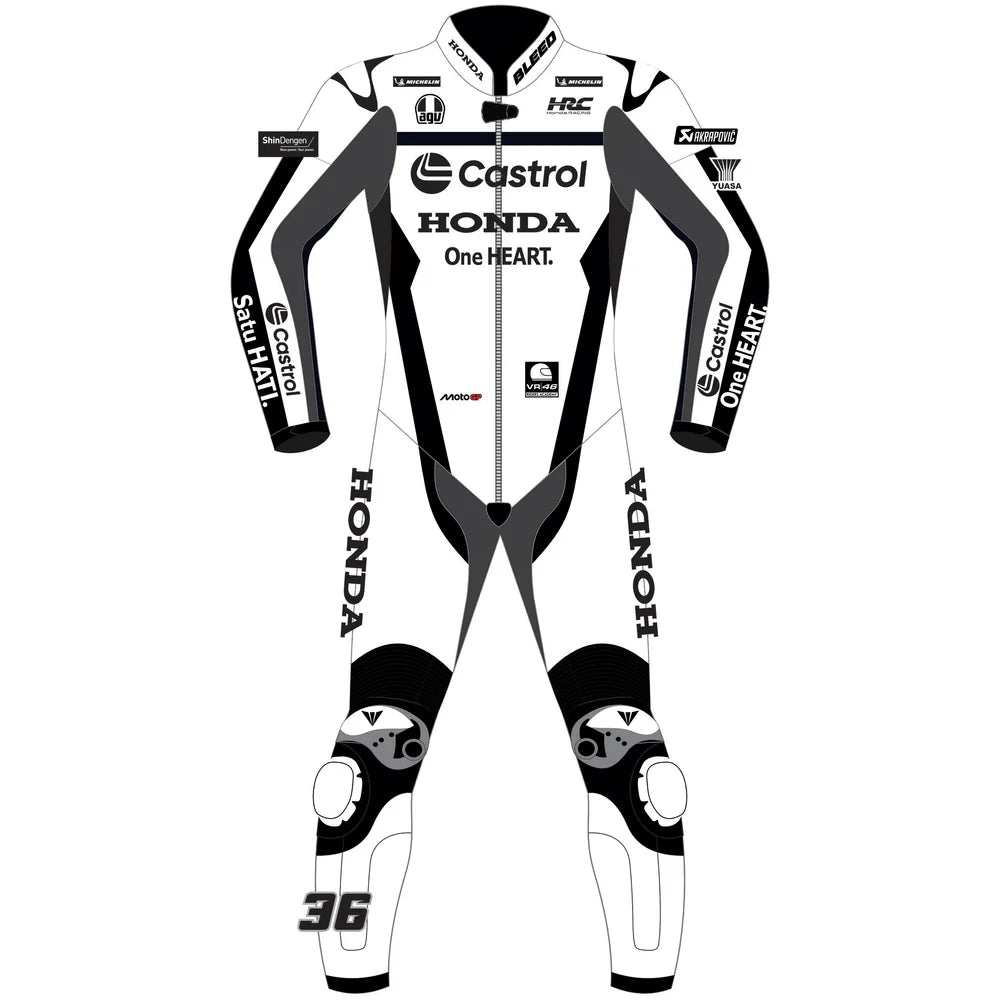2025 Joan Mir Honda Castrol Winter Test MotoGP leather race suit in white and dark charcoal with CE Level 2 armor, front view