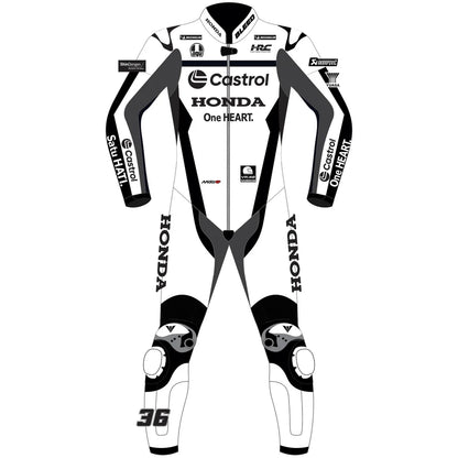 2025 Joan Mir Honda Castrol Winter Test MotoGP leather race suit in white and dark charcoal with CE Level 2 armor, front view