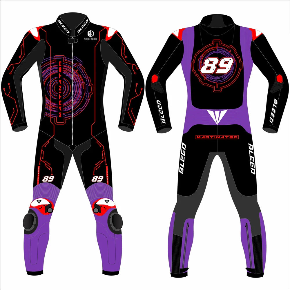 2025 Jorge Martin Aprilia Barcelona Winter Test MotoGP leather race suit in black, red, and purple with CE Level 2 armor, front view
