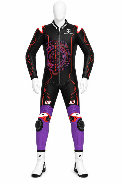2025 Jorge Martin Aprilia Barcelona Winter Test MotoGP leather race suit in black, red, and purple with CE Level 2 armor, front view