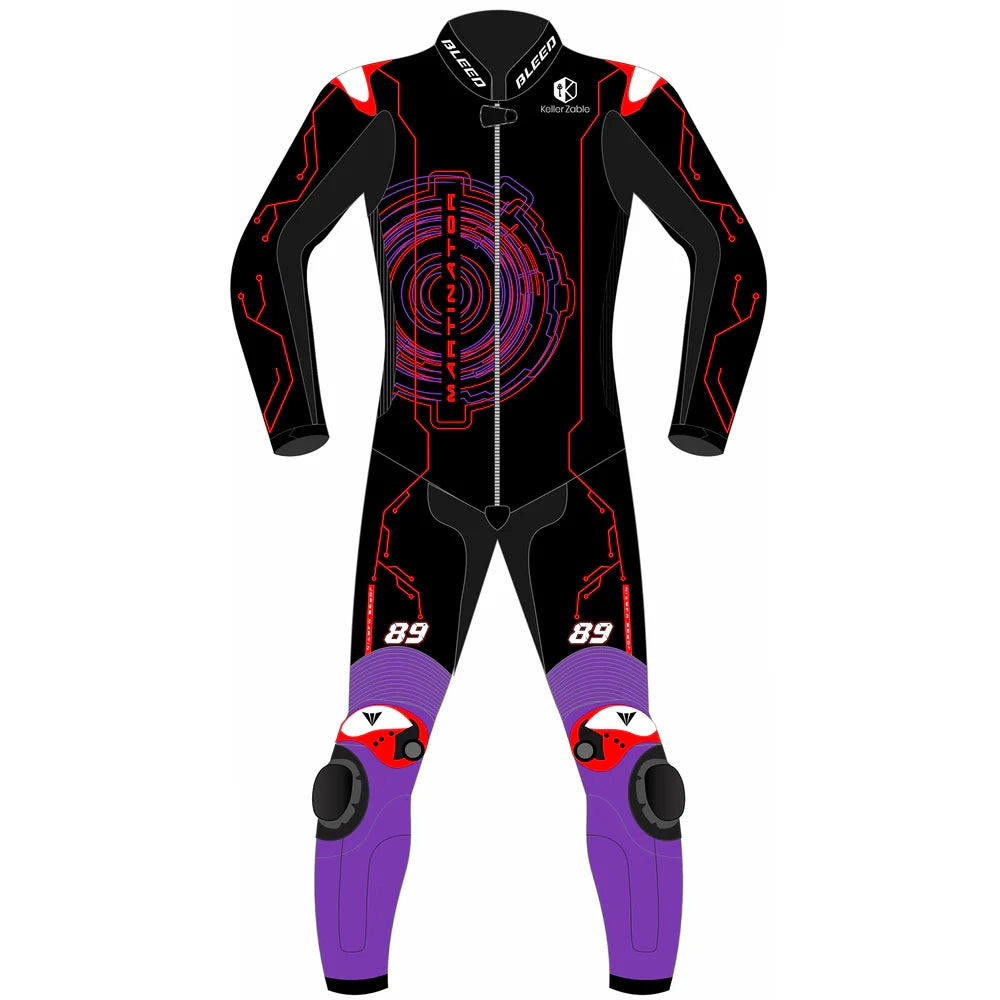 2025 Jorge Martin Aprilia Barcelona Winter Test MotoGP leather race suit in black, red, and purple with CE Level 2 armor, front view