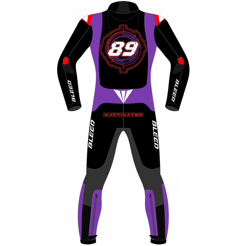 2025 Jorge Martin Aprilia Barcelona Winter Test MotoGP leather race suit in black, red, and purple with CE Level 2 armor, front view