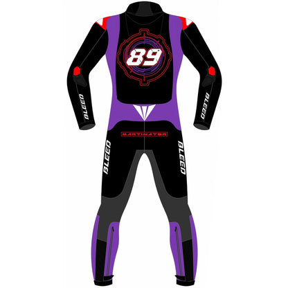 2025 Jorge Martin Aprilia Barcelona Winter Test MotoGP leather race suit in black, red, and purple with CE Level 2 armor, front view