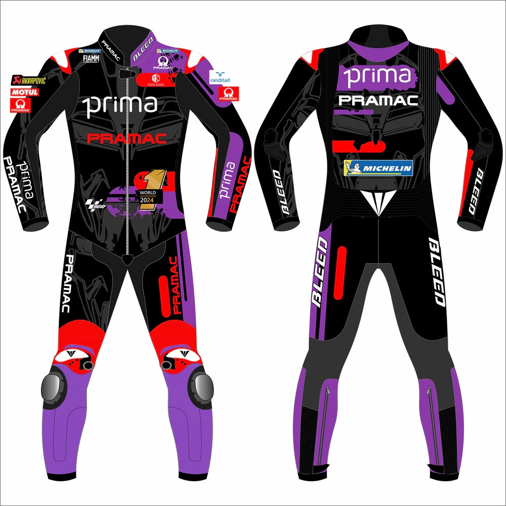 2025 Jorge Martin Aprilia Racing MotoGP leather race suit in black, purple, and red with CE Level 2 armor, front view