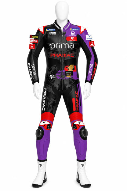 2025 Jorge Martin Aprilia Racing MotoGP leather race suit in black, purple, and red with CE Level 2 armor, front view