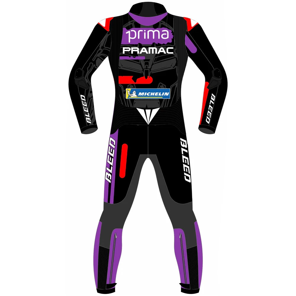 2025 Jorge Martin Aprilia Racing MotoGP leather race suit in black, purple, and red with CE Level 2 armor, front view