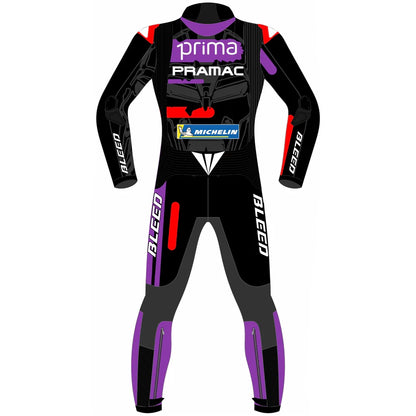 2025 Jorge Martin Aprilia Racing MotoGP leather race suit in black, purple, and red with CE Level 2 armor, front view