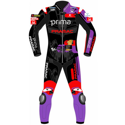 2025 Jorge Martin Aprilia Racing MotoGP leather race suit in black, purple, and red with CE Level 2 armor, front view