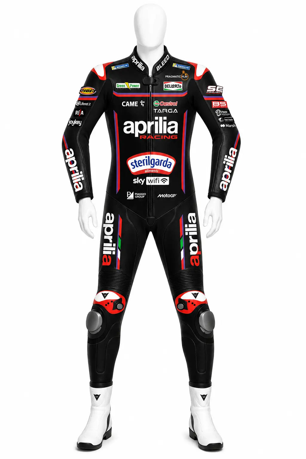 2025 Jorge Martin Aprilia RS-GP MotoGP leather race suit in black and red with CE Level 2 armor, front view