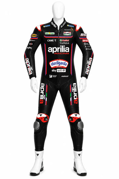 2025 Jorge Martin Aprilia RS-GP MotoGP leather race suit in black and red with CE Level 2 armor, front view