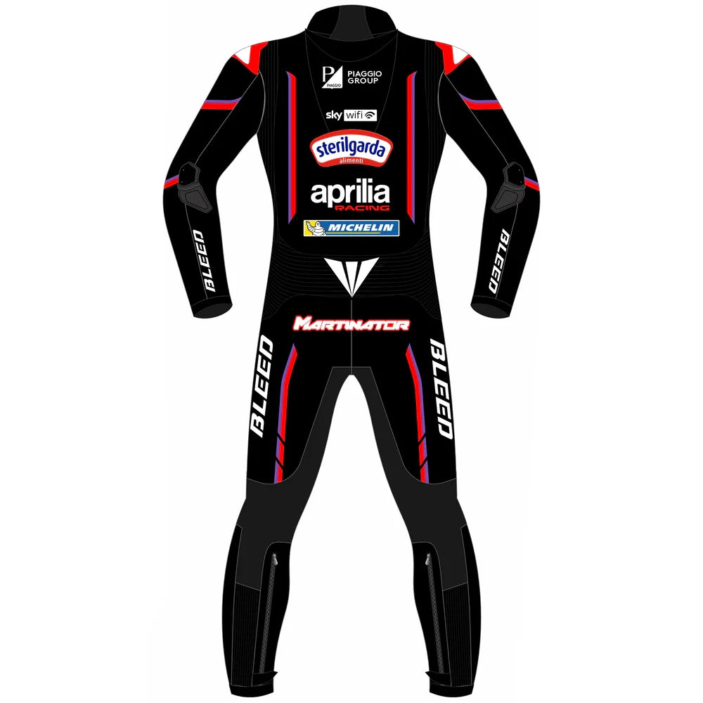 2025 Jorge Martin Aprilia RS-GP MotoGP leather race suit in black and red with CE Level 2 armor, front view
