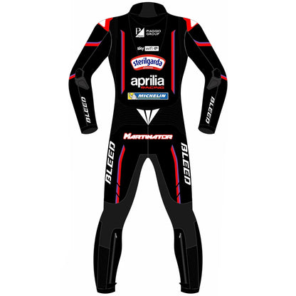 2025 Jorge Martin Aprilia RS-GP MotoGP leather race suit in black and red with CE Level 2 armor, front view