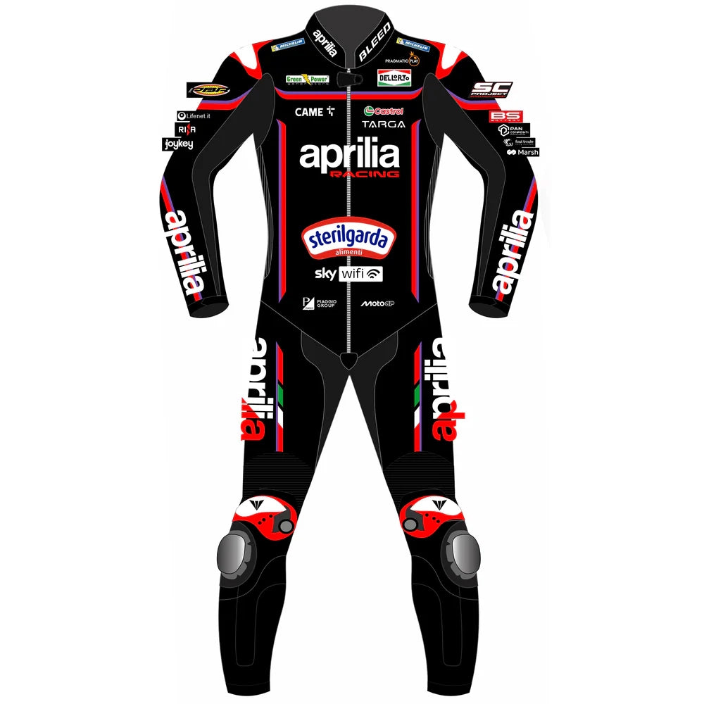 2025 Jorge Martin Aprilia RS-GP MotoGP leather race suit in black and red with CE Level 2 armor, front view