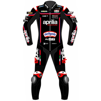 2025 Jorge Martin Aprilia RS-GP MotoGP leather race suit in black and red with CE Level 2 armor, front view