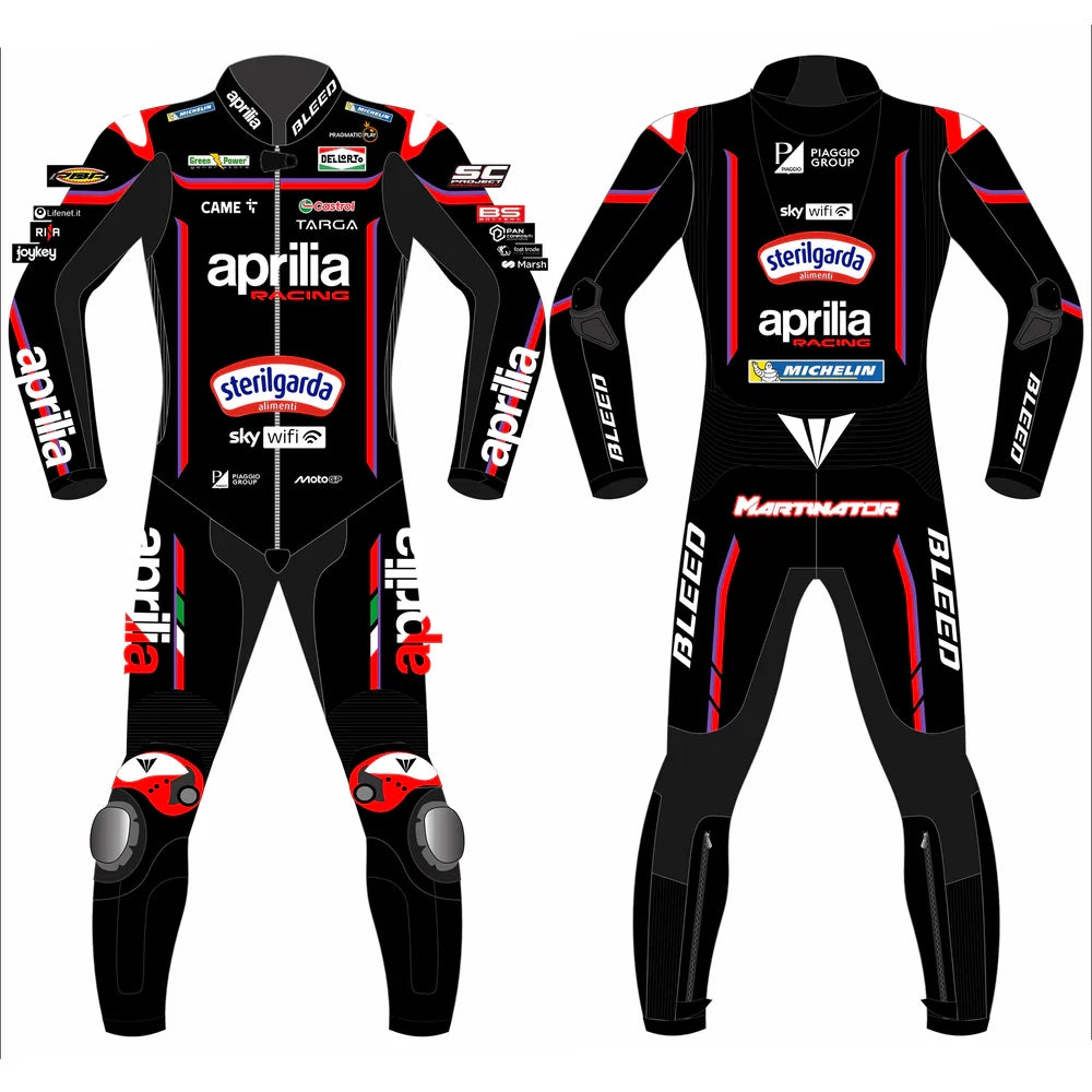 2025 Jorge Martin Aprilia RS-GP MotoGP leather race suit in black and red with CE Level 2 armor, front view