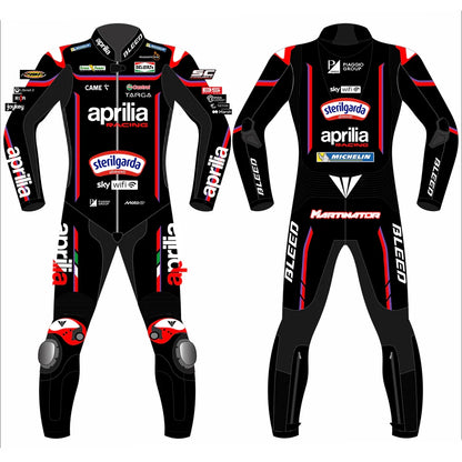 2025 Jorge Martin Aprilia RS-GP MotoGP leather race suit in black and red with CE Level 2 armor, front view