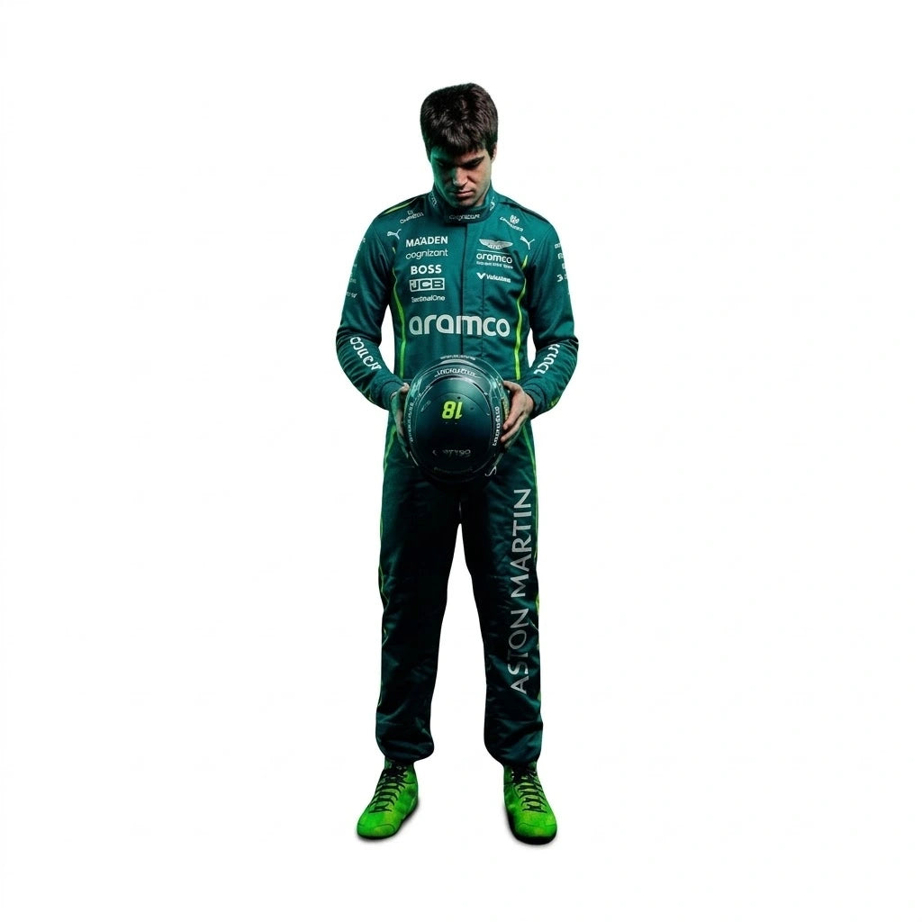 2025 Lance Stroll Aston Martin F1 race suit front view in British racing green with Canadian flag belt detail and Aramco logo
