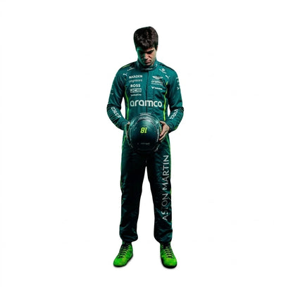 2025 Lance Stroll Aston Martin F1 race suit front view in British racing green with Canadian flag belt detail and Aramco logo