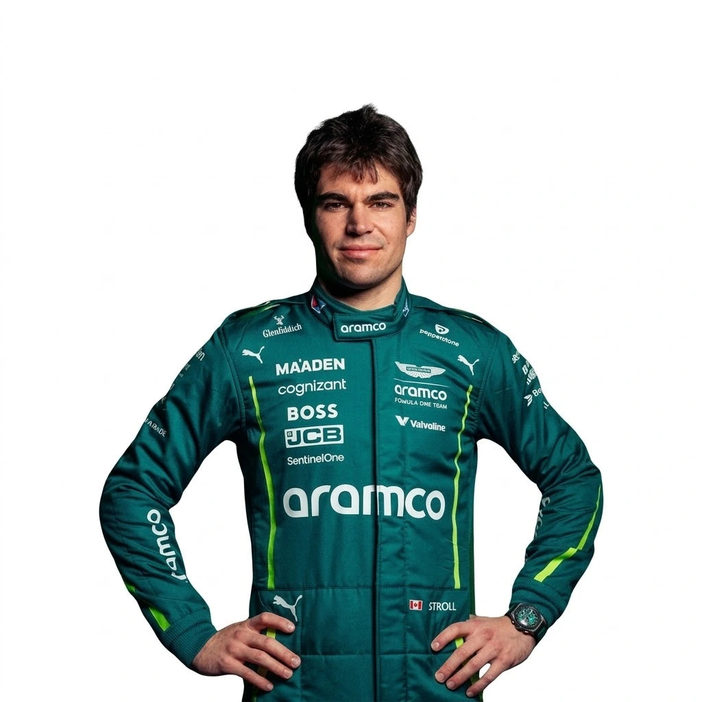 2025 Lance Stroll Aston Martin F1 race suit front view in British racing green with Canadian flag belt detail and Aramco logo