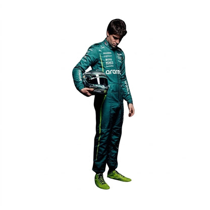 2025 Lance Stroll Aston Martin F1 race suit front view in British racing green with Canadian flag belt detail and Aramco logo