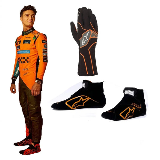 2025 Lando Norris F1 Race Suit Set featuring papaya orange and anthracite race suit, black and orange racing gloves, and low-profile driving shoes