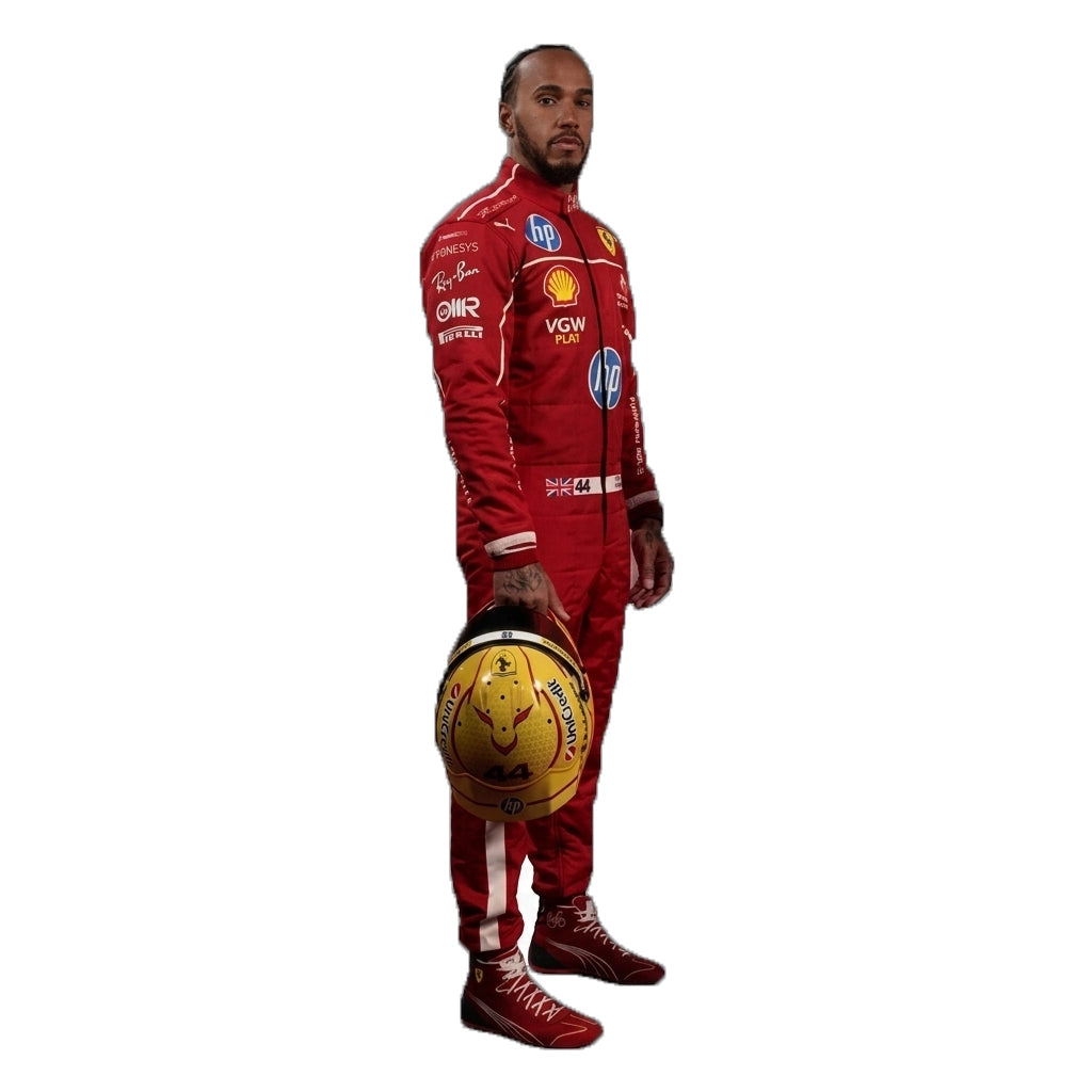 2025 Lewis Hamilton HP Ferrari F1 Race Suit Set featuring red race suit, red driver t-shirt with number 44 back print, and black balaclava