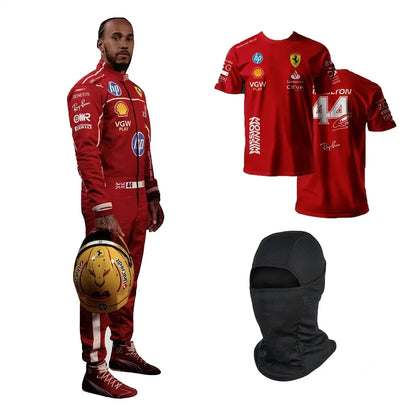 2025 Lewis Hamilton HP Ferrari F1 Race Suit Set featuring red race suit, red driver t-shirt with number 44 back print, and black balaclava