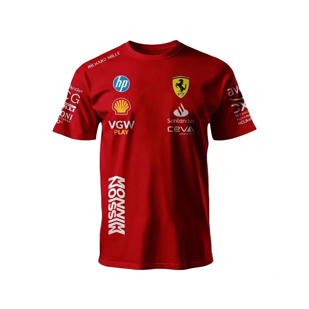 2025 Lewis Hamilton HP Ferrari F1 Race Suit Set featuring red race suit, red driver t-shirt with number 44 back print, and black balaclava