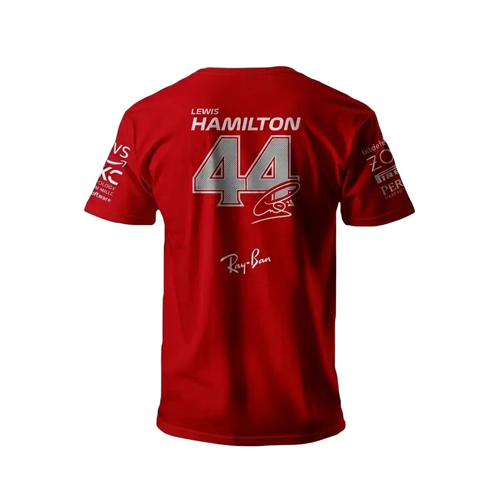 2025 Lewis Hamilton HP Ferrari F1 Race Suit Set featuring red race suit, red driver t-shirt with number 44 back print, and black balaclava