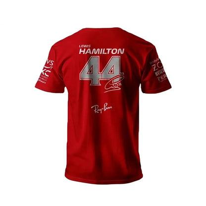 2025 Lewis Hamilton HP Ferrari F1 Race Suit Set featuring red race suit, red driver t-shirt with number 44 back print, and black balaclava