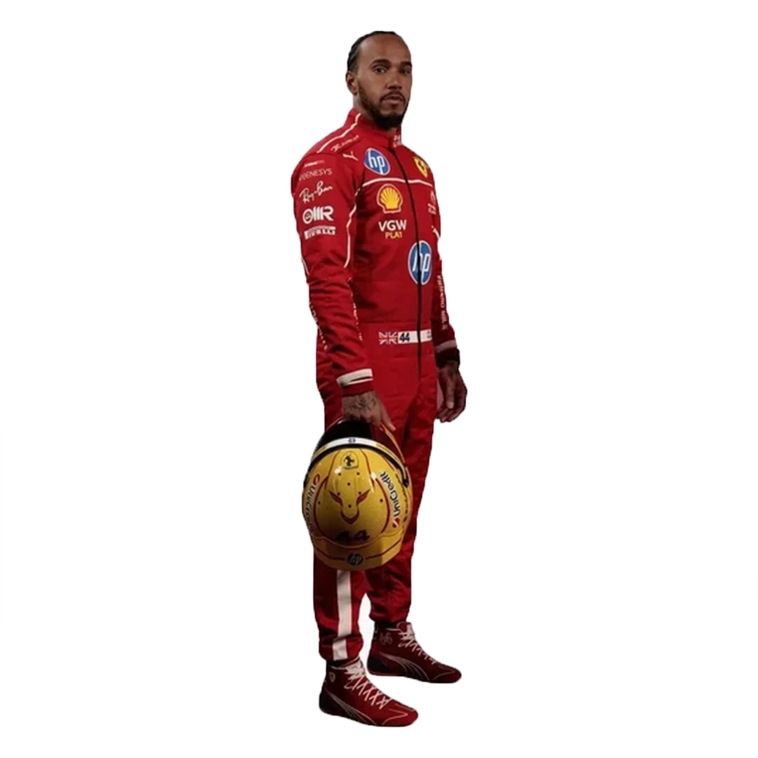 2025 Lewis Hamilton HP Ferrari F1 Race Suit in red featuring HP sponsor graphics, white side accents, Union Jack waist badge, and driver number 44