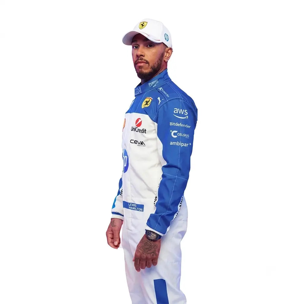 2025 Lewis Hamilton Miami GP Ferrari F1 Race Suit featuring blue and white special edition livery, HP sponsor logos, Union Jack waist badge, and driver number 44