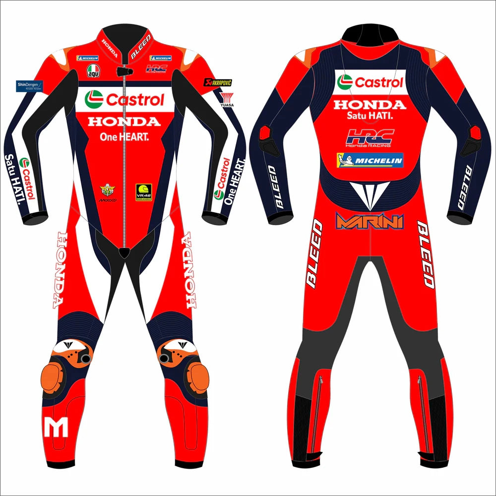 2025 Luca Marini Honda Castrol MotoGP leather race suit in red, white, and navy with CE Level 2 armor, front view