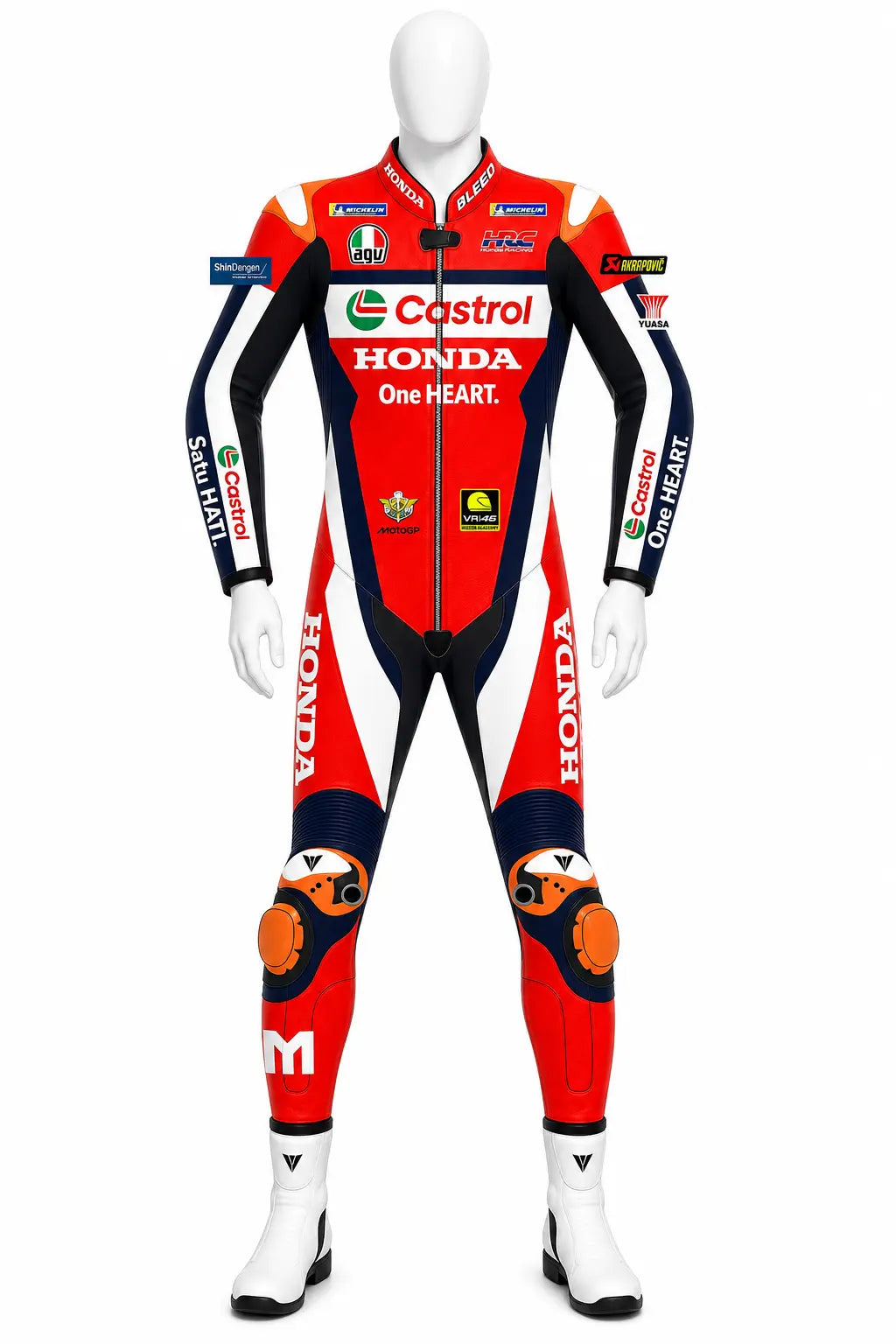 2025 Luca Marini Honda Castrol MotoGP leather race suit in red, white, and navy with CE Level 2 armor, front view
