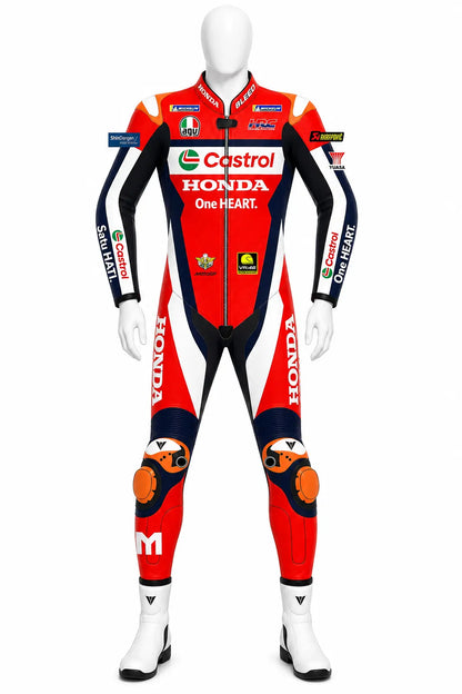 2025 Luca Marini Honda Castrol MotoGP leather race suit in red, white, and navy with CE Level 2 armor, front view