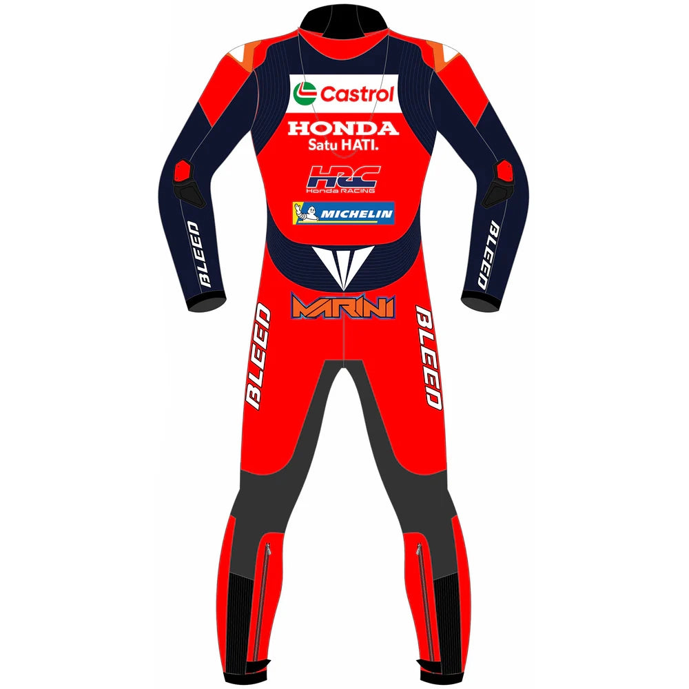 2025 Luca Marini Honda Castrol MotoGP leather race suit in red, white, and navy with CE Level 2 armor, front view