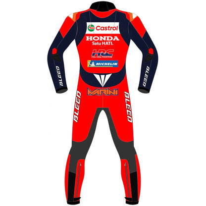 2025 Luca Marini Honda Castrol MotoGP leather race suit in red, white, and navy with CE Level 2 armor, front view