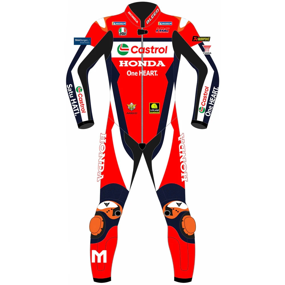 2025 Luca Marini Honda Castrol MotoGP leather race suit in red, white, and navy with CE Level 2 armor, front view