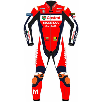 2025 Luca Marini Honda Castrol MotoGP leather race suit in red, white, and navy with CE Level 2 armor, front view