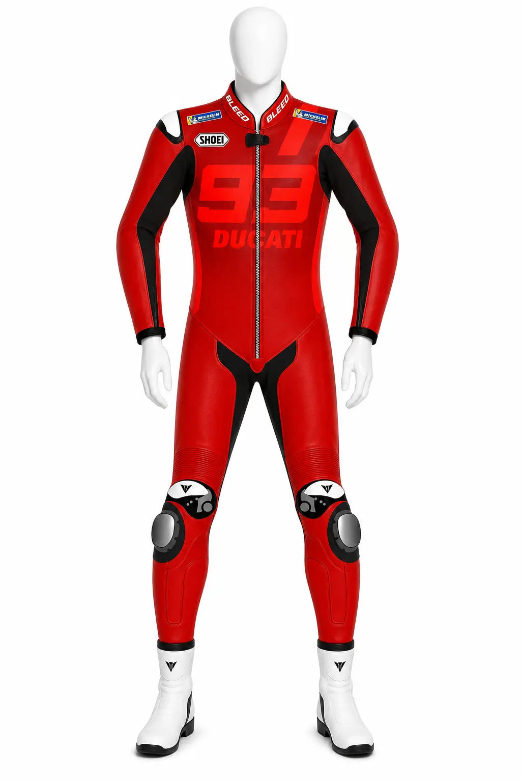 2025 Marc Marquez Ducati Lenovo Barcelona Winter Test MotoGP leather race suit in all red with CE Level 2 armor, front view