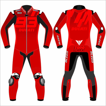 2025 Marc Marquez Ducati Lenovo Barcelona Winter Test MotoGP leather race suit in all red with CE Level 2 armor, front view